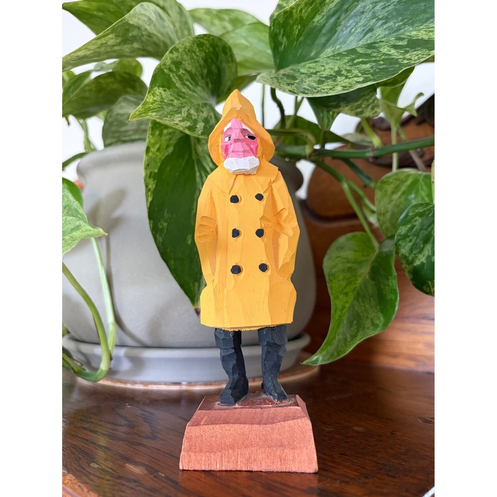 Vintage Hand Carved Wood Fisherman Figurine Yellow Raincoat Hannah Canada 5 Inch